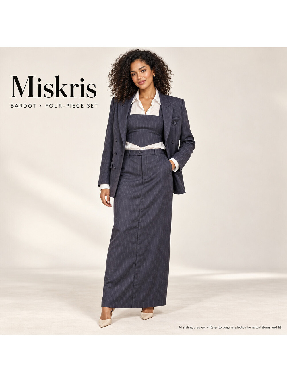 Bardot 4 Piece Navy Pinstripe Set Blazer Maxi Skirt Bustier White Shirt Mixed Si